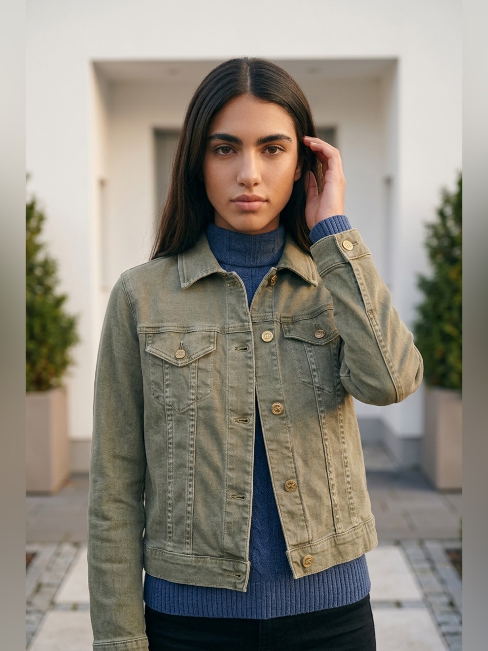 Michael Kors Olive Green Denim Jacket with Button Front